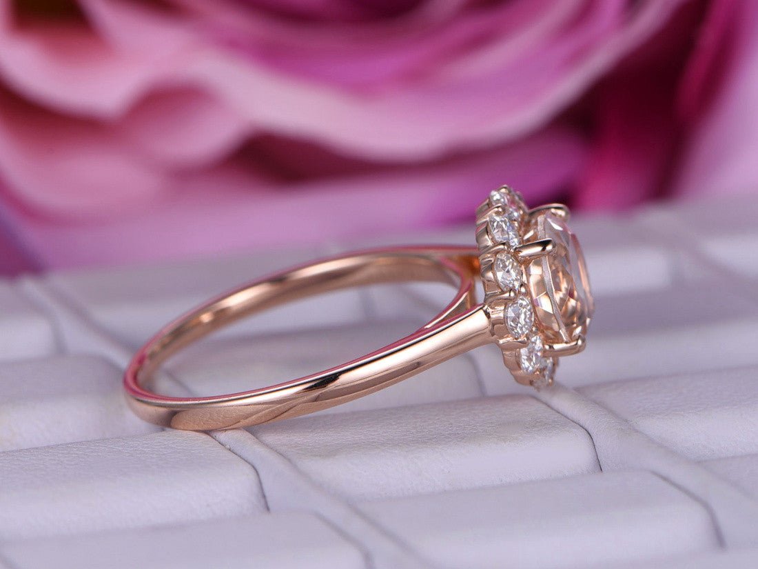 Round Morganite Cathedral Ring Moissanite Halo 14K Rose Gold 7mm - Lord of Gem Rings