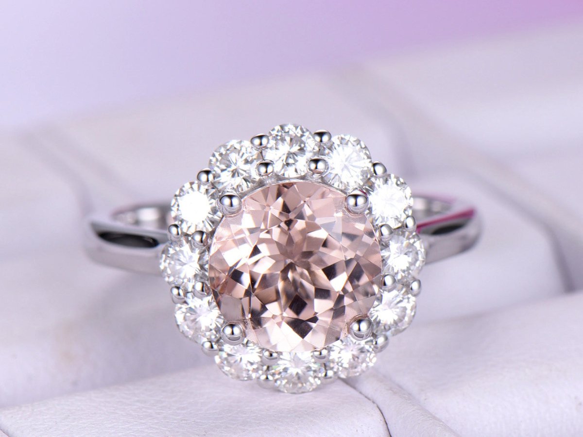 Round Morganite Cathedral Ring Moissanite Halo 14K White Gold - Lord of Gem Rings