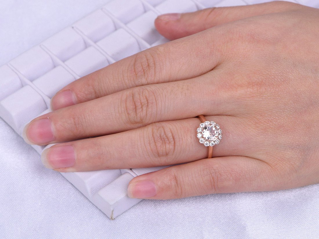 Round Morganite Cathedral Ring Moissanite Halo 14K White Gold - Lord of Gem Rings