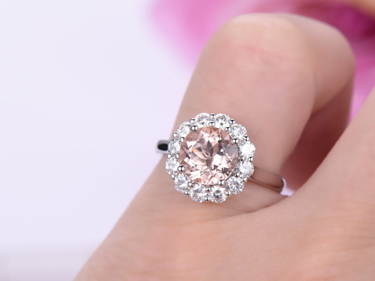 Round Morganite Cathedral Ring Moissanite Halo 14K White Gold - Lord of Gem Rings