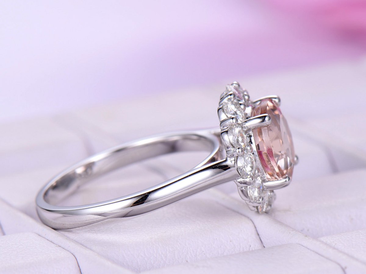 Round Morganite Cathedral Ring Moissanite Halo 14K White Gold - Lord of Gem Rings
