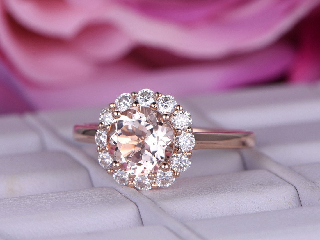Round Morganite Cathedral Ring Moissanite Halo 14K White Gold - Lord of Gem Rings
