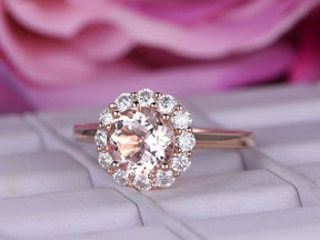 Round Morganite Cathedral Ring Moissanite Halo 14K White Gold - Lord of Gem Rings