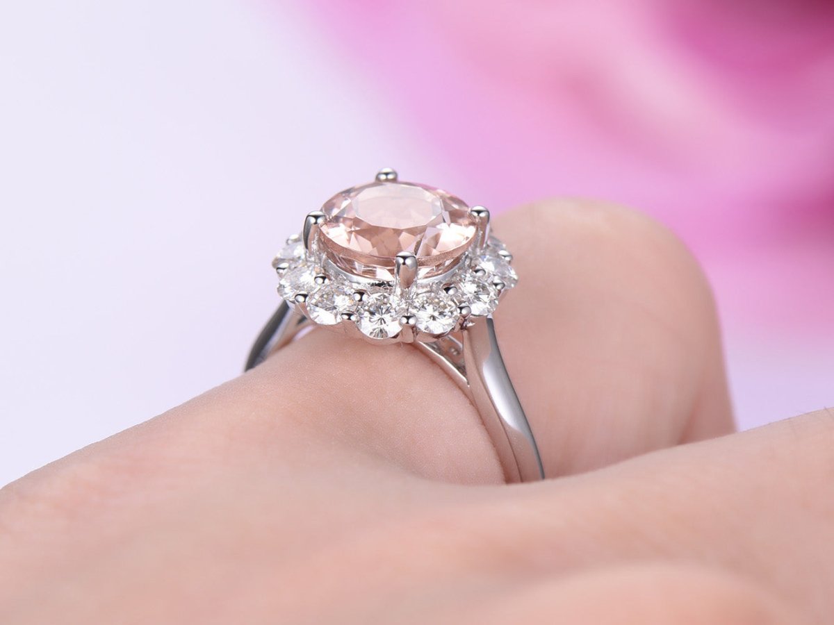 Round Morganite Cathedral Ring Moissanite Halo 14K White Gold - Lord of Gem Rings