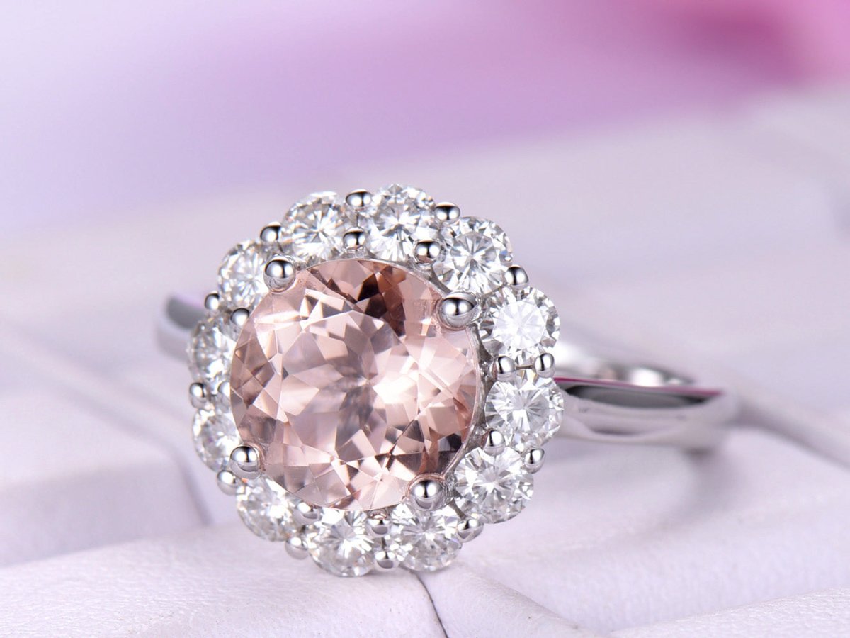Round Morganite Cathedral Ring Moissanite Halo 14K White Gold - Lord of Gem Rings