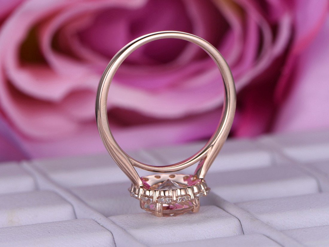 Round Morganite Cathedral Ring Moissanite Halo 14K White Gold - Lord of Gem Rings
