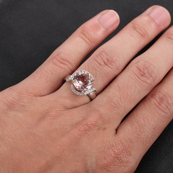 Round Morganite Diamond Bypass Ring 14K White Gold - Lord of Gem Rings