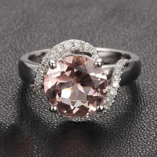 Round Morganite Diamond Bypass Ring 14K White Gold