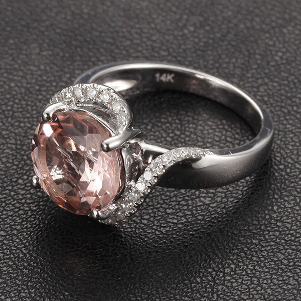 Round Morganite Diamond Bypass Ring 14K White Gold - Lord of Gem Rings