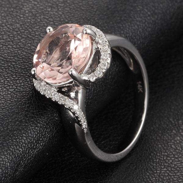 Round Morganite Diamond Bypass Ring 14K White Gold - Lord of Gem Rings