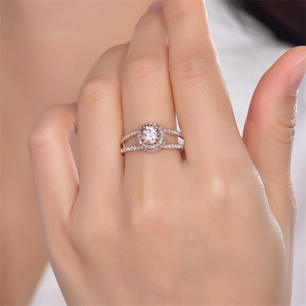Round Morganite Diamond Halo Floral Split Shank Ring - Lord of Gem Rings