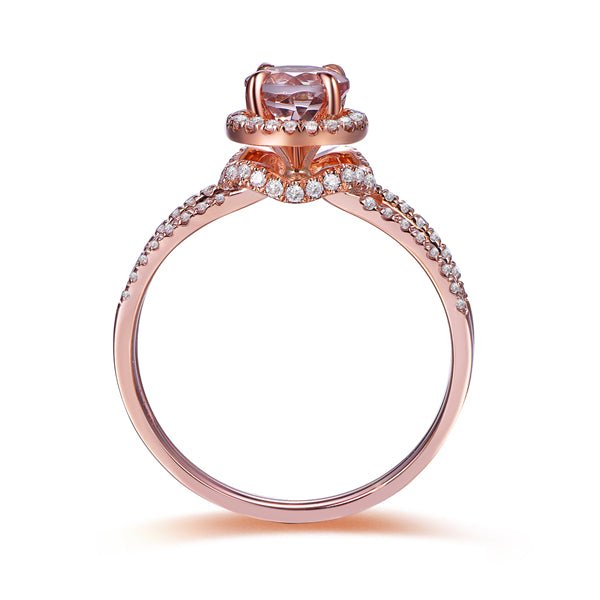 Round Morganite Diamond Halo Floral Split Shank Ring - Lord of Gem Rings