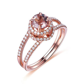Round Morganite Diamond Halo Floral Split Shank Ring - Lord of Gem Rings