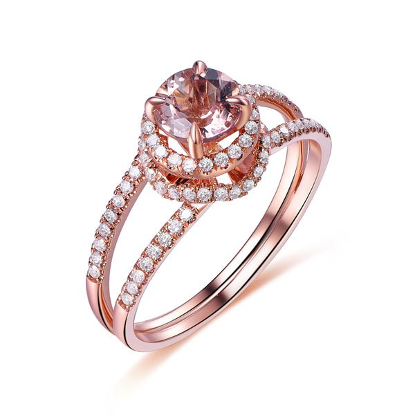 Round Morganite Diamond Halo Floral Split Shank Ring - Lord of Gem Rings