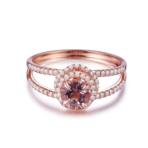 Round Morganite Diamond Halo Floral Split Shank Ring - Lord of Gem Rings