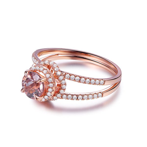 Round Morganite Diamond Halo Floral Split Shank Ring - Lord of Gem Rings