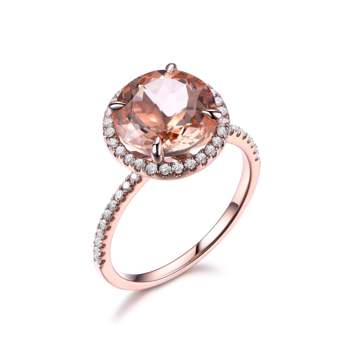 Round Morganite Diamond Halo Ring 14K Rose Gold - Lord of Gem Rings