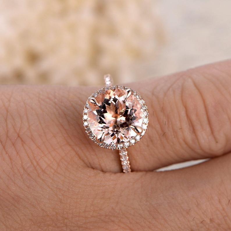 Round Morganite Diamond Halo Ring 14K Rose Gold - Lord of Gem Rings