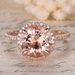 Round Morganite Diamond Halo Ring 14K Rose Gold - Lord of Gem Rings