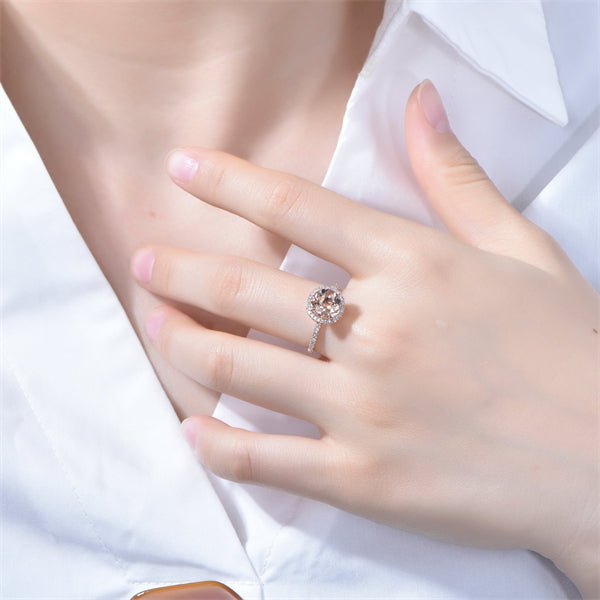 Round Morganite Diamond Halo Ring 14K Rose Gold - Lord of Gem Rings