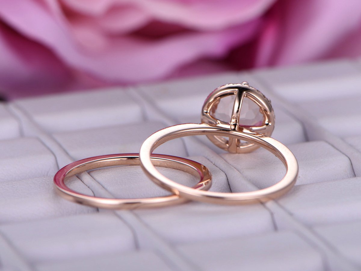 Round Morganite Diamond Halo Ring with Plain Gold Band Bridal Set - Lord of Gem Rings