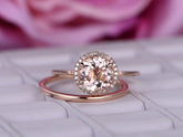 Round Morganite Diamond Halo Ring with Plain Gold Band Bridal Set - Lord of Gem Rings