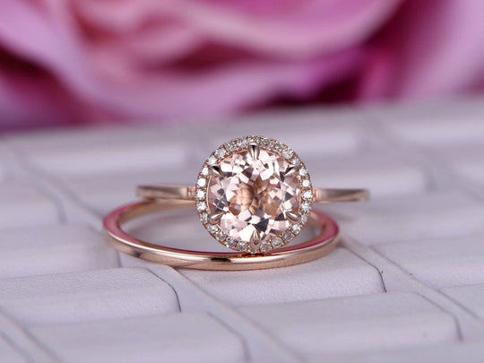 Round Morganite Diamond Halo Ring with Plain Gold Band Bridal Set