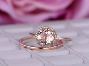 Round Morganite Diamond Halo Ring with Plain Gold Band Bridal Set - Lord of Gem Rings