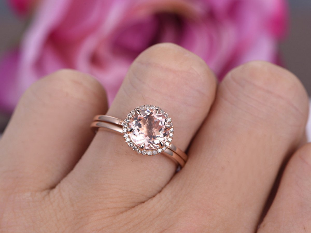 Round Morganite Diamond Halo Ring with Plain Gold Band Bridal Set - Lord of Gem Rings