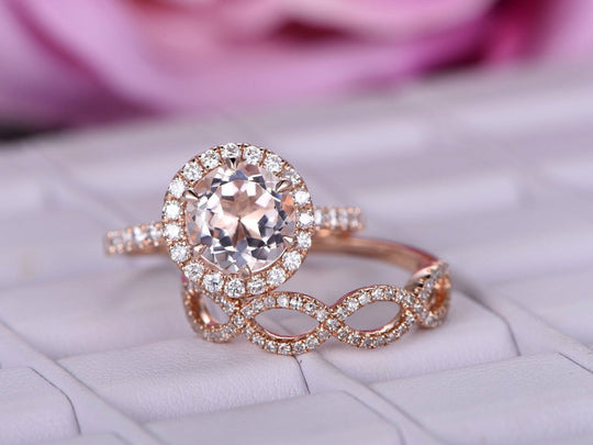 Round Morganite Diamond Infinite Love Bridal Set 14K Rose Gold