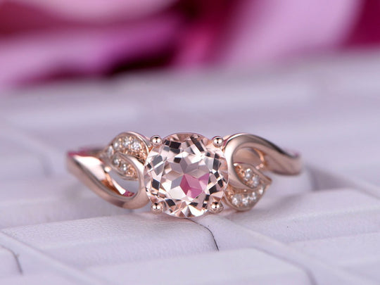 Round Morganite Diamond Leaf Ring 14K Rose Gold