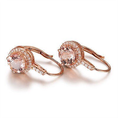 Round Morganite Diamonds Leverback Earrings in 14K Rose Gold - Lord of Gem Rings