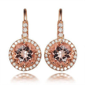 Round Morganite Diamonds Leverback Earrings in 14K Rose Gold - Lord of Gem Rings