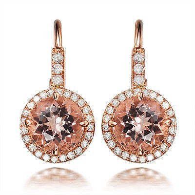 Round Morganite Diamonds Leverback Earrings in 14K Rose Gold