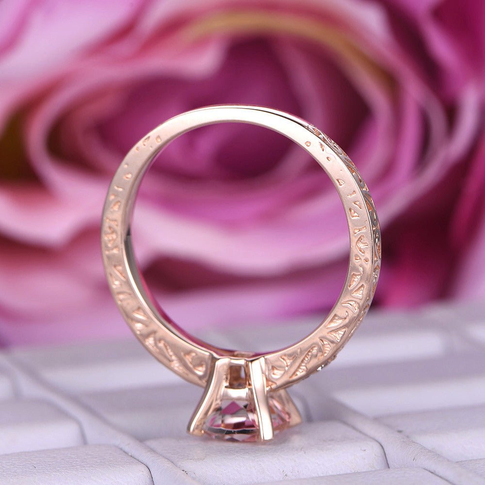 Round Morganite Engagement Ring 14K Rose Gold Celtic Engraving - Lord of Gem Rings