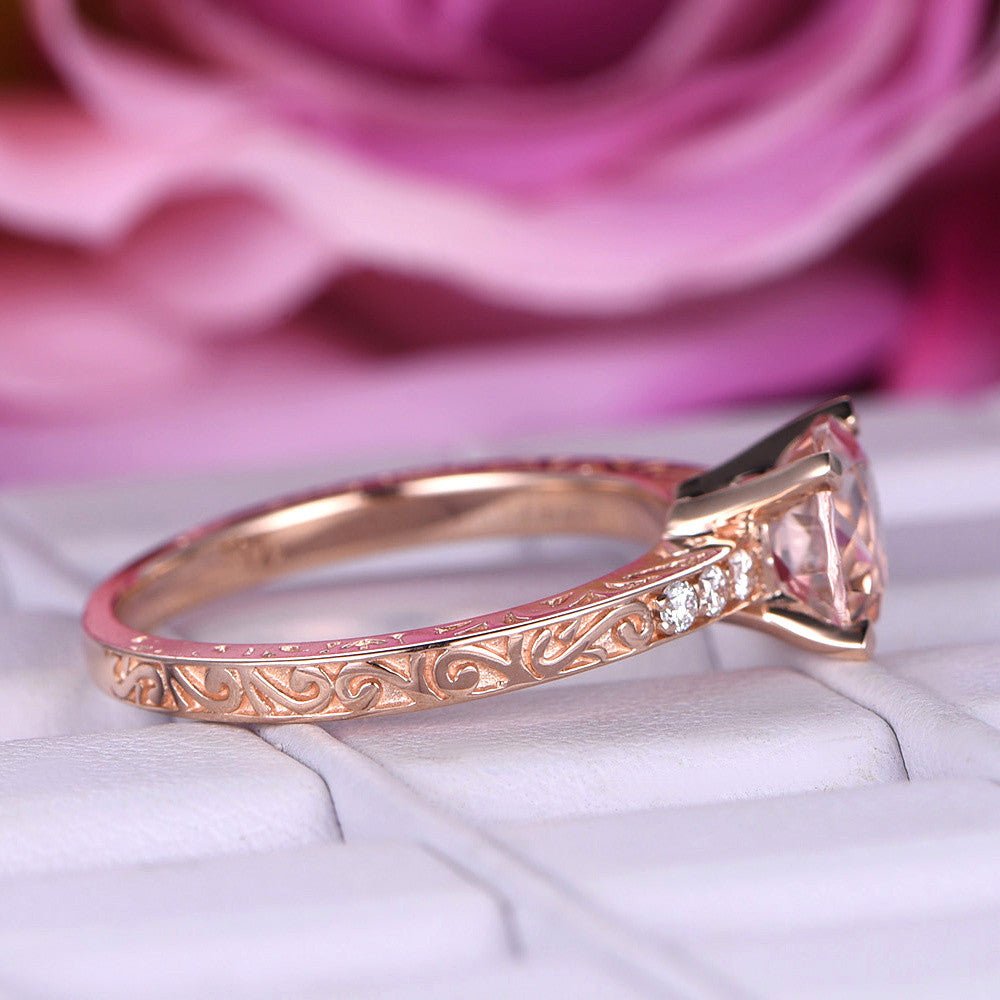 Round Morganite Engagement Ring 14K Rose Gold Celtic Engraving - Lord of Gem Rings