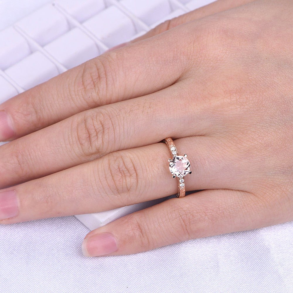 Round Morganite Engagement Ring 14K Rose Gold Celtic Engraving - Lord of Gem Rings