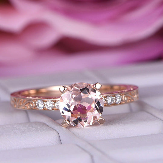 Round Morganite Engagement Ring 14K Rose Gold Celtic Engraving