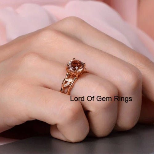 Round Morganite Engagement Ring Diamond 14K Rose Gold 8mm Prong Set - Lord of Gem Rings