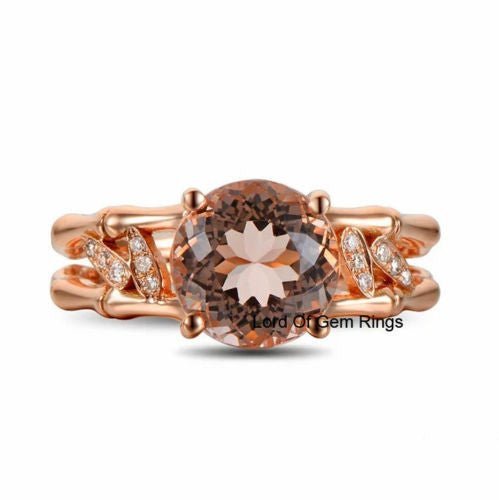 Round Morganite Engagement Ring Diamond 14K Rose Gold 8mm Prong Set - Lord of Gem Rings