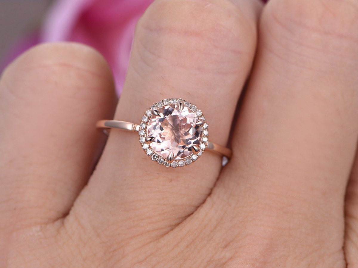 Round Morganite Engagement Ring Diamond Halo 14K Rose Gold - Lord of Gem Rings