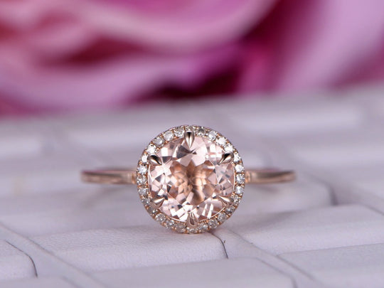 Round Morganite Engagement Ring Diamond Halo 14K Rose Gold