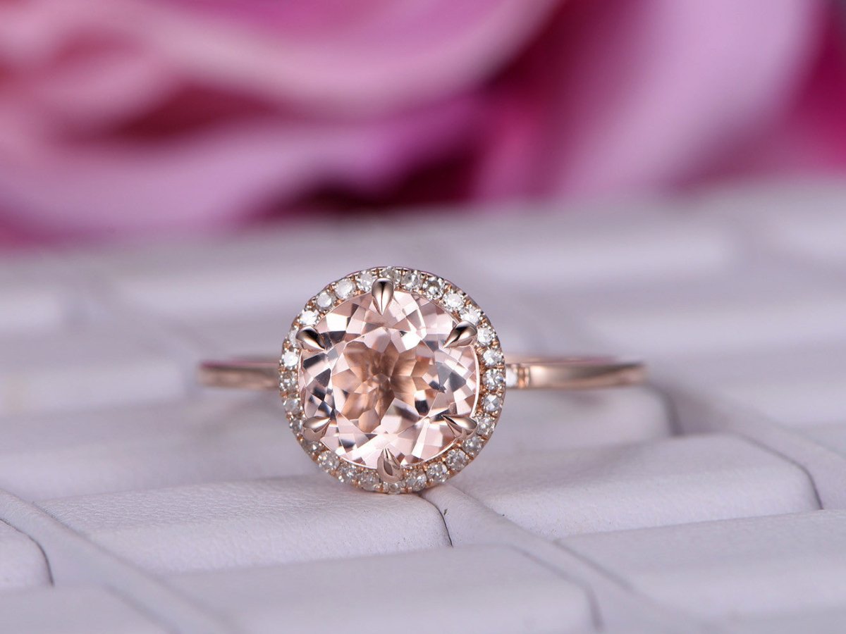 Round Morganite Engagement Ring Diamond Halo 14K Rose Gold - Lord of Gem Rings