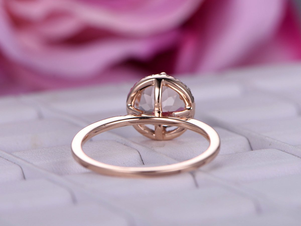 Round Morganite Engagement Ring Diamond Halo 14K Rose Gold - Lord of Gem Rings