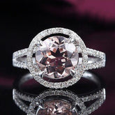 Round Morganite Engagement Ring Diamond Halo Split Shank 14K White Gold - Lord of Gem Rings