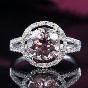 Round Morganite Engagement Ring Diamond Halo Split Shank 14K White Gold - Lord of Gem Rings