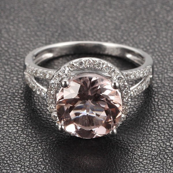 Round Morganite Engagement Ring Diamond Halo Split Shank 14K White Gold - Lord of Gem Rings