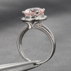 Round Morganite Engagement Ring Diamond Halo Split Shank 14K White Gold - Lord of Gem Rings