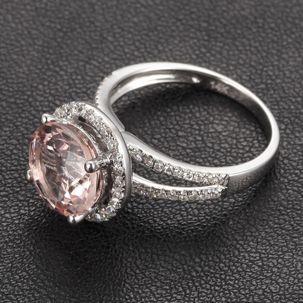 Round Morganite Engagement Ring Diamond Halo Split Shank 14K White Gold - Lord of Gem Rings