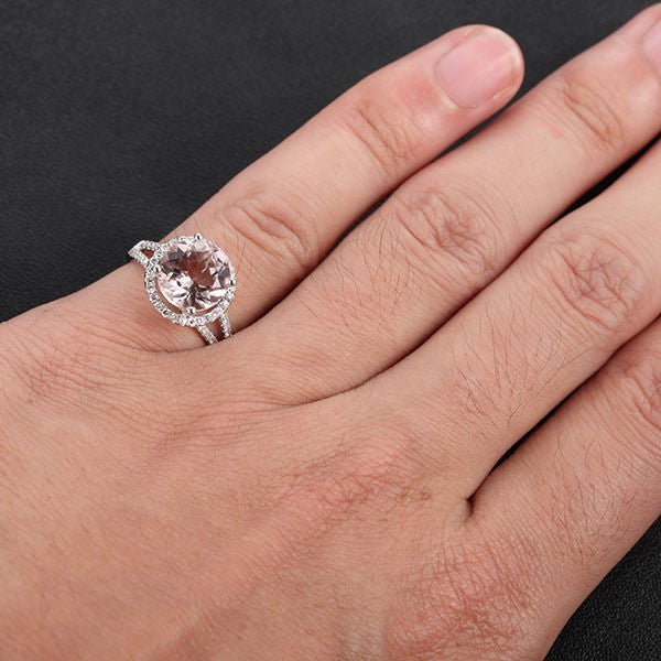 Round Morganite Engagement Ring Diamond Halo Split Shank 14K White Gold - Lord of Gem Rings